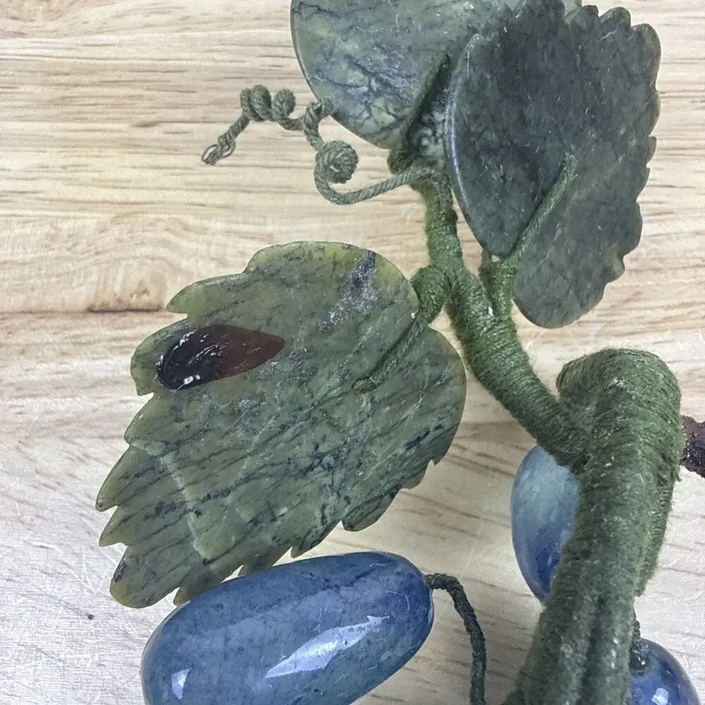 Vintage Set Of 2 Blue Agate Stone Grape Clusters With Jade Stone Leaves